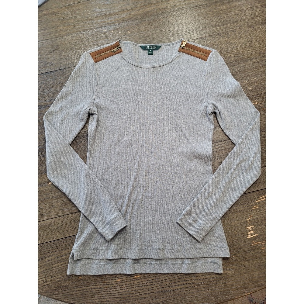 Lauren Ralph Lauren Gray Knit Top Suede Zipper Shoulders Womens Small Cotton